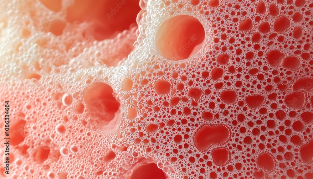 Poster a close-up image showing vibrant pink bubbles forming on a surface, creating a textured and foamy ap