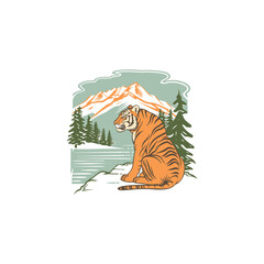 Tiger in the forest and lake logo design vector artwork