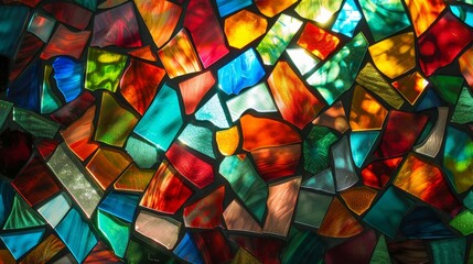 Mosaic of colored glass pieces reflecting light in a kaleidoscope pattern