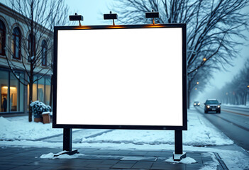 Billboard sign mockup stand in the street Winter snow and cold