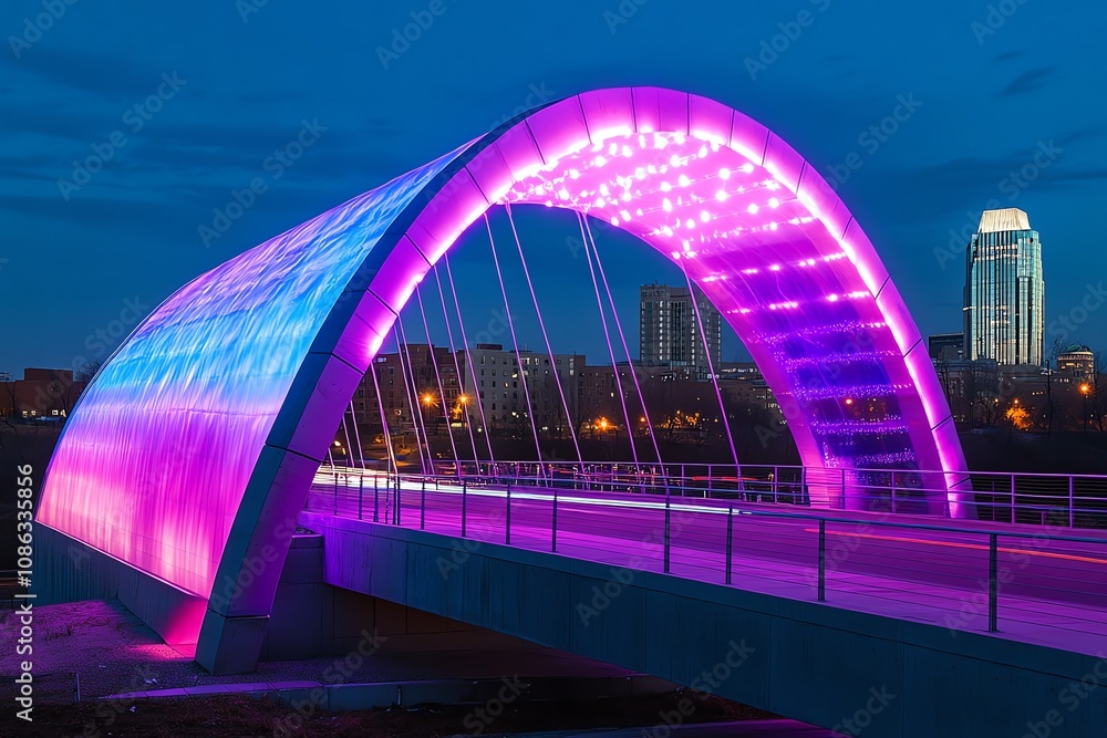 Poster a modern arch bridge with colorful led lights illuminating the structure at dusk with a cityscape in