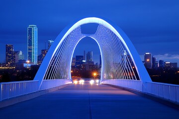Fototapeta premium A modern arch bridge illuminated at night with the Dallas skyline in the background.