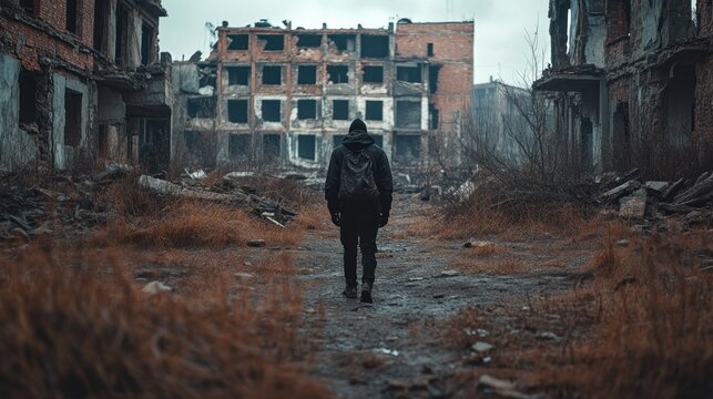 Abandoned city, walking alone in the ruins of the city, eschatological style, ragged clothes 
