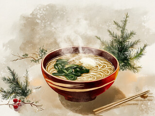 湯気の立つ年越しそば – 温かな和の風情が漂う一杯 Steaming New Year's Soba – A Warm Bowl of Japanese Tradition｜Generative AI