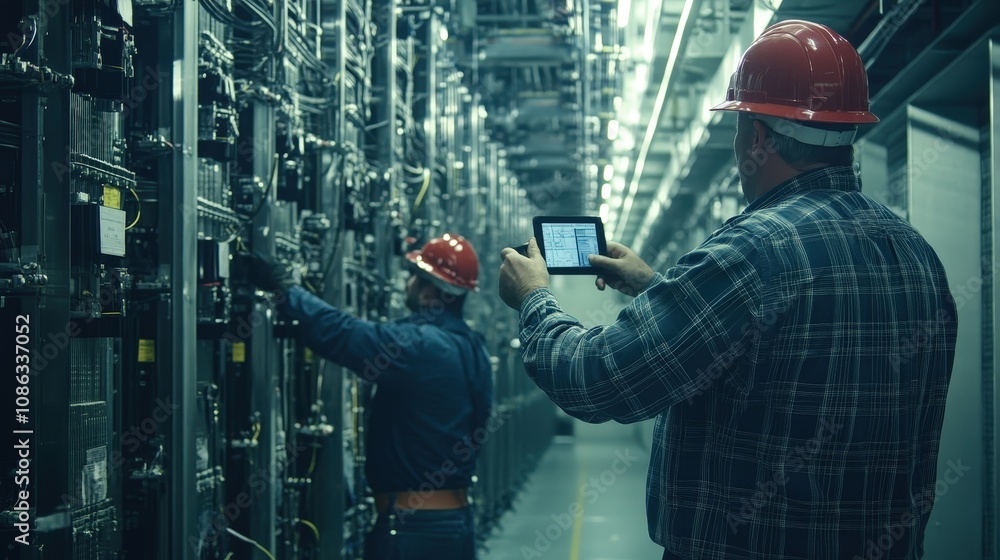Poster engineers inspecting high-voltage transformers, ensuring equipment functions safely and reliably in 