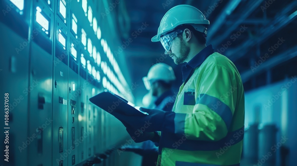 Poster engineers inspecting high-voltage transformers, ensuring equipment functions safely and reliably in 