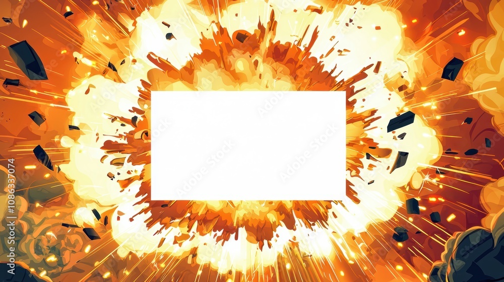 Poster an explosive, fiery blast with a central blank space, creating a dramatic and intense atmosphere, pe