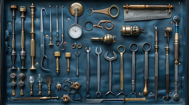 Vintage Surgical Tools on Blue Background. Array of vintage surgical and medical tools organized on a blue surface, showcasing intricate craftsmanship and historical medical equipment.