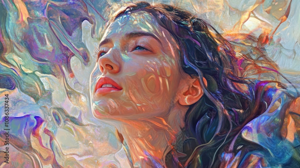 Poster an artist collaborating with ai to create digital artwork. the ai assists in color selection, patter