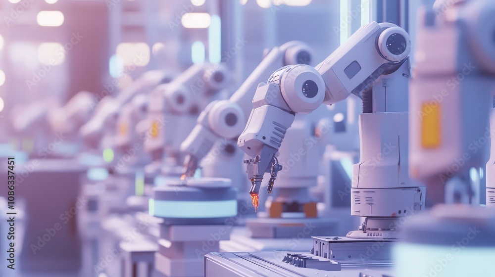 Poster an assembly line with robotic arms performing repetitive tasks, demonstrating the power of automatio