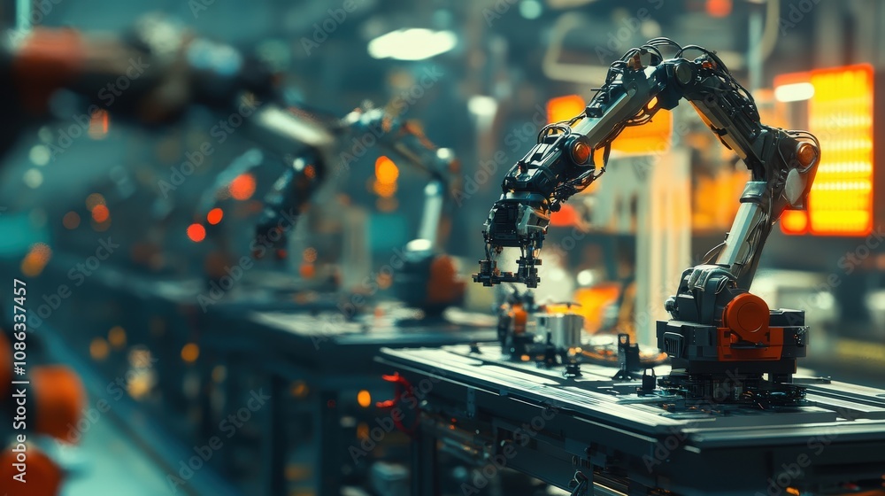 Poster an assembly line with robotic arms performing repetitive tasks, demonstrating the power of automatio