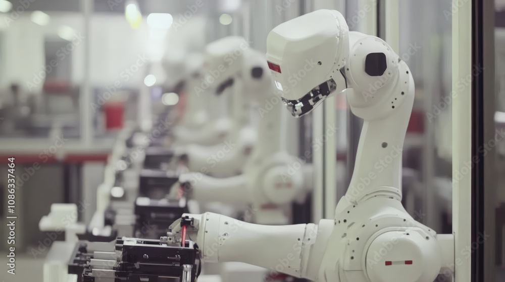 Poster an assembly line with robotic arms performing repetitive tasks, demonstrating the power of automatio