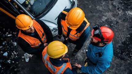 Construction Workers in Safety Gear Discussing Project Plans on a Construction Site, Emphasizing Teamwork, Safety, and Collaboration Among Professionals