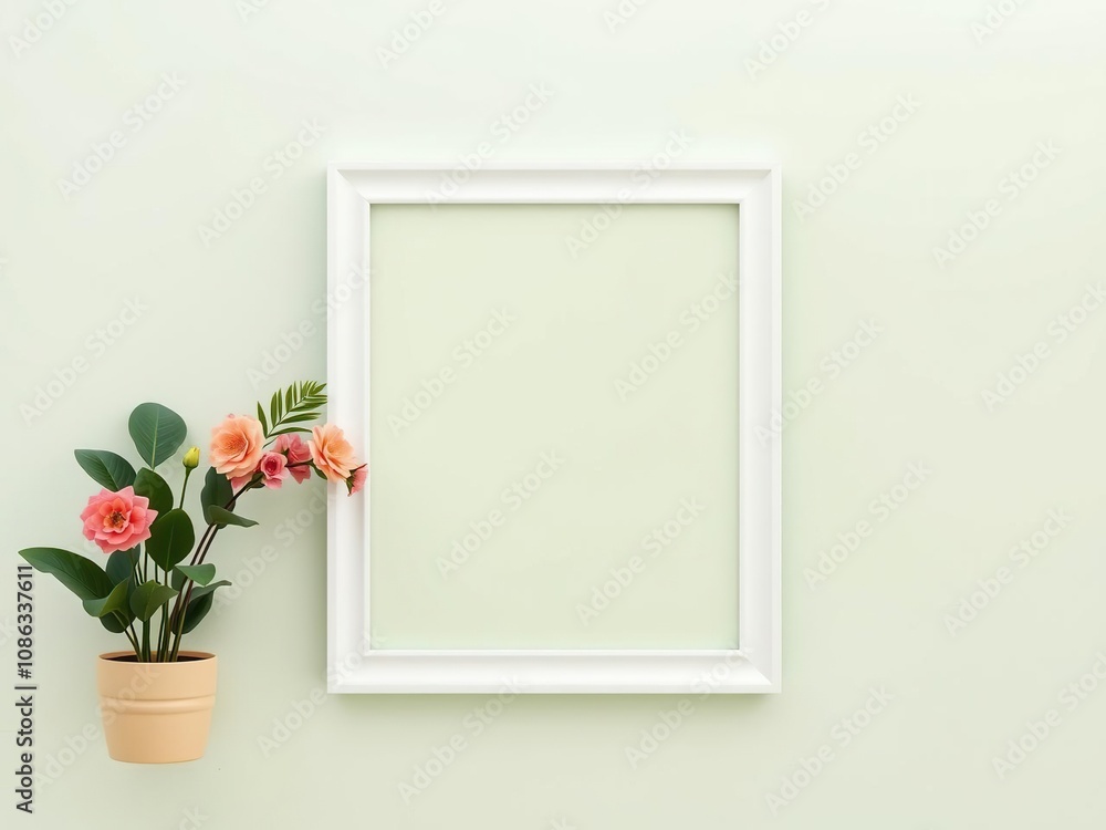 Poster a blank vertical picture frame on a soft pastel green wall with ample space for a photo, artistic si