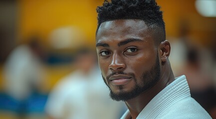 Close-up portrait of a focused male Judo athlete in a white gi, looking intently at the camera.