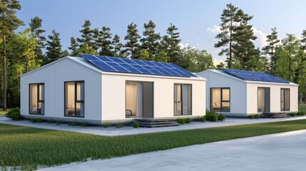 Modern Eco-Friendly Houses with Solar Panels Surrounded by Nature in a Serene Environment Showcasing Sustainable Living and Innovative Design