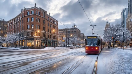 Obraz premium City intersection in winter, with streetcars and buildings blanketed in fresh snow under cloudy skies