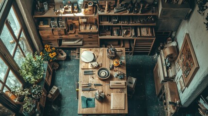 Aerial View of a Cozy Artisan Workshop Filled with Tools, Craft Supplies, and Wooden Furniture in a Bright, Natural Lighting Environment