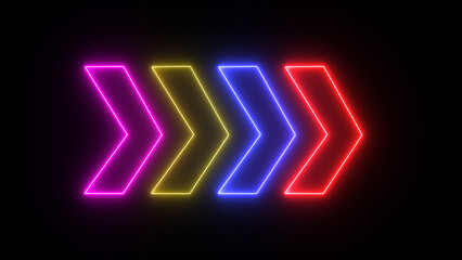 Swipe multicolor arrow pointing to the right. Glowing neon light traffic directional arrows sign. Flashing direction indicators