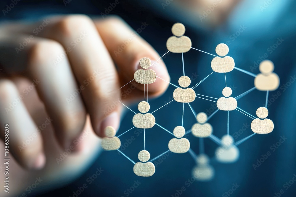 Poster hand interacting with a digital network of wooden figures representing connected people and relation