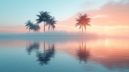 Serene landscape with palm trees reflected in calm water at sunrise.