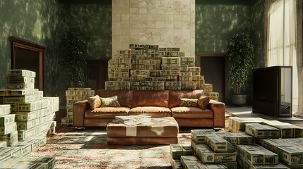A room with cash stacked neatly to resemble furniture, including a couch and coffee table