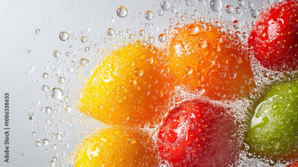 Poster bright yellow, orange, red, and green fruits are submerged in sparkling water, creating a visually a