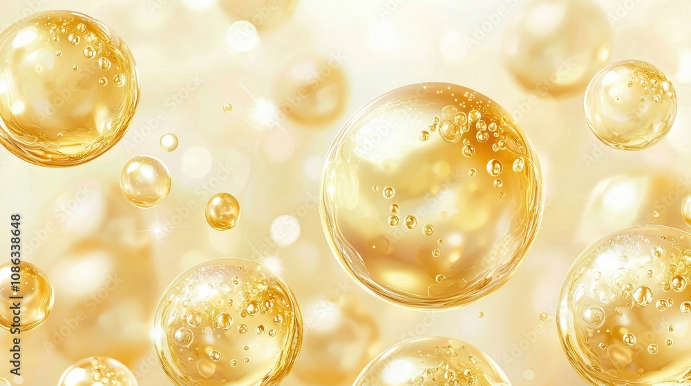 Poster a close-up view of floating golden bubbles on a soft, bright background, creating a dreamy and elega