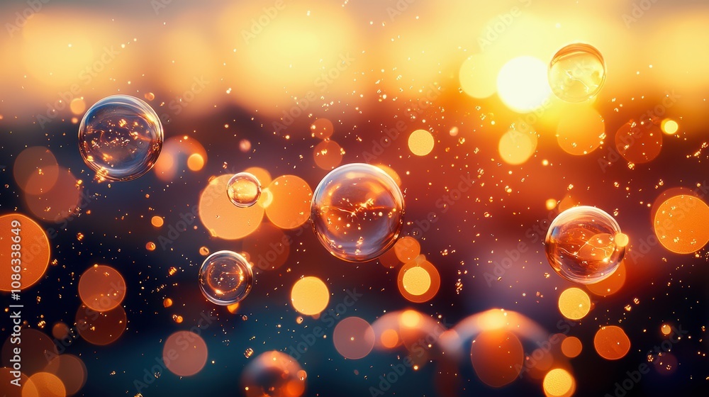 Poster a vibrant sunset background with bubbles sparkling amidst bokeh lights, creating a dreamy and enchan