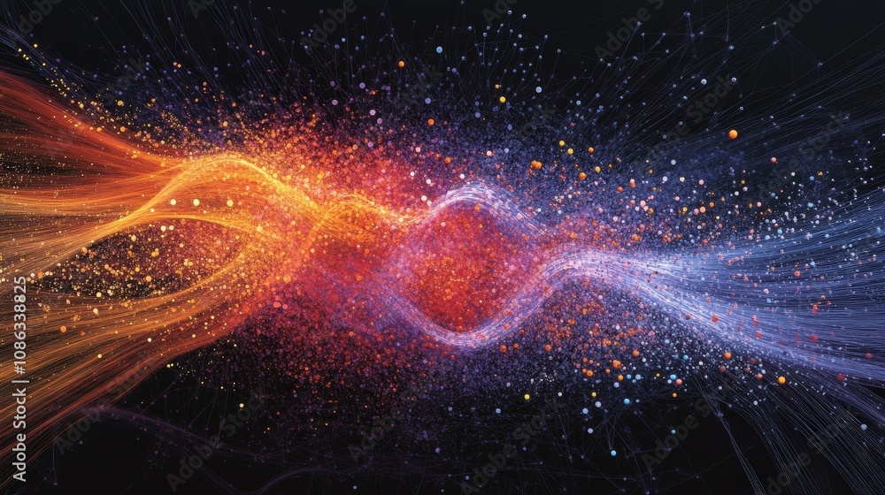 Poster visualization of entangled particles in quantum computing, symbolizing the powerful interconnections