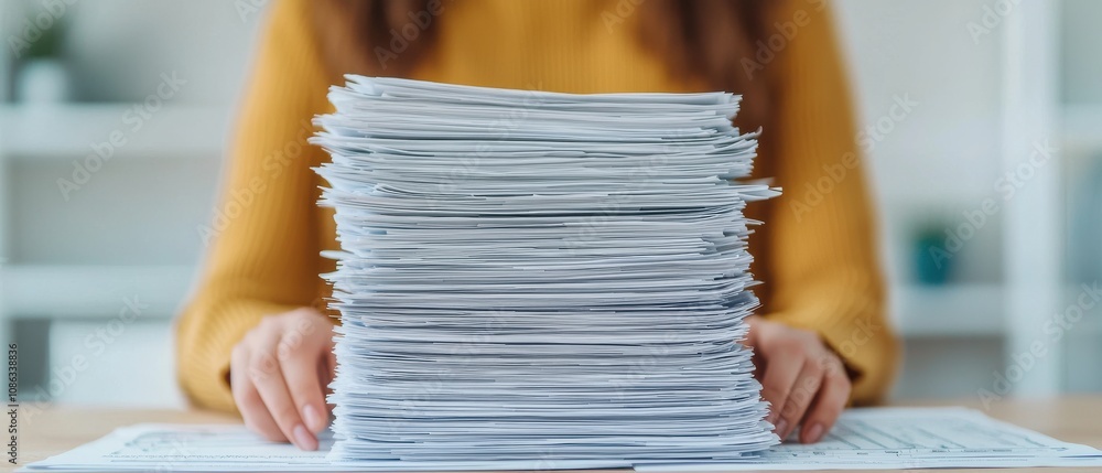 Poster a person is reviewing a tall stack of paperwork, indicating a busy work environment and the need for