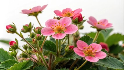 Fototapeta premium A cluster of bright pink strawberry flowers on a bushy plant, botanical garden, blooming landscape, spring blooms