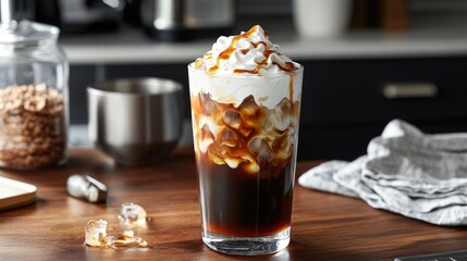 Refreshing Iced Coffee Beverage with Whipped Cream and Caramel Drizzle, Perfect for Hot Days and Coffee Lovers in a Modern Kitchen Setting