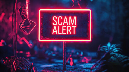 glowing neon sign displays scam alert message, warning viewers