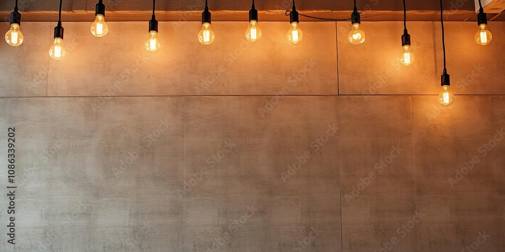 Aufkleber a concrete wall with a warm glow from multiple light bulbs hanging from the ceiling creating a cozy 