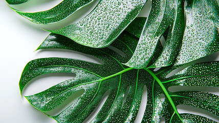 Fototapeta premium Fresh green leaves with water droplets on white background