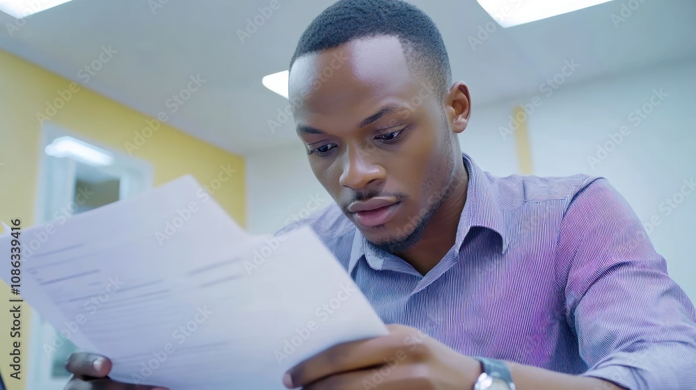 Poster a focused man reading documents in an office setting.