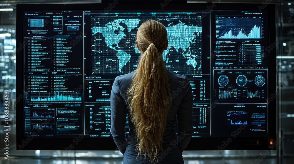 Aufkleber professional woman analyzing data on high-tech monitor in modern office setting with blue digital gr
