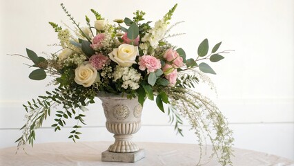 A delicate composition of flowers and foliage arranged in a elegant vase, sophisticated atmosphere, nature photography