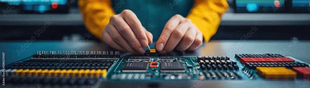 Poster a person assembling electronic components on a circuit board, showcasing attention to detail and tec
