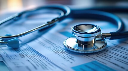 A close-up of a stethoscope resting on medical paperwork, highlighting themes of healthcare, examination, and patient care.