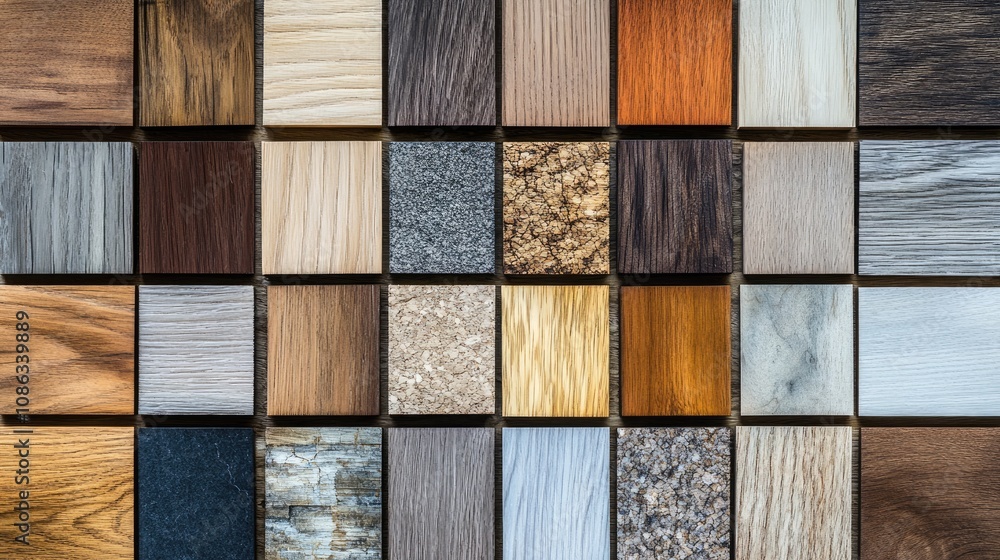 Poster a diverse collection of various wood and stone samples showcasing unique grain patterns, colors, and