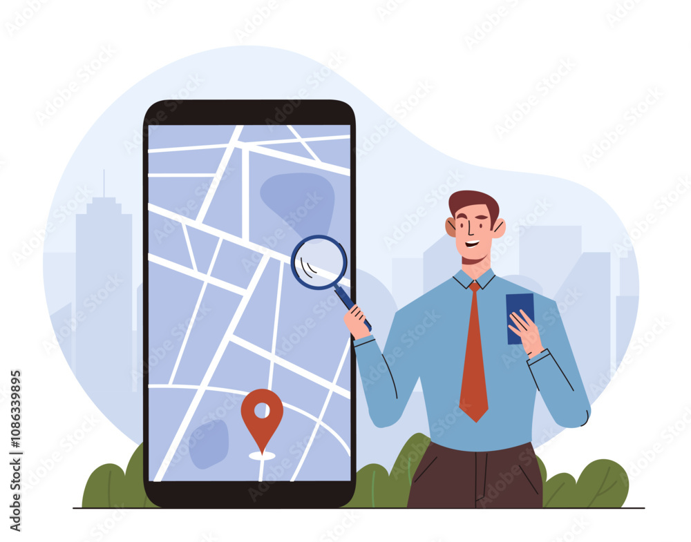 Poster man with mobile map. young guy with magnifying glass near mobile phone. navigation and geolocation, 