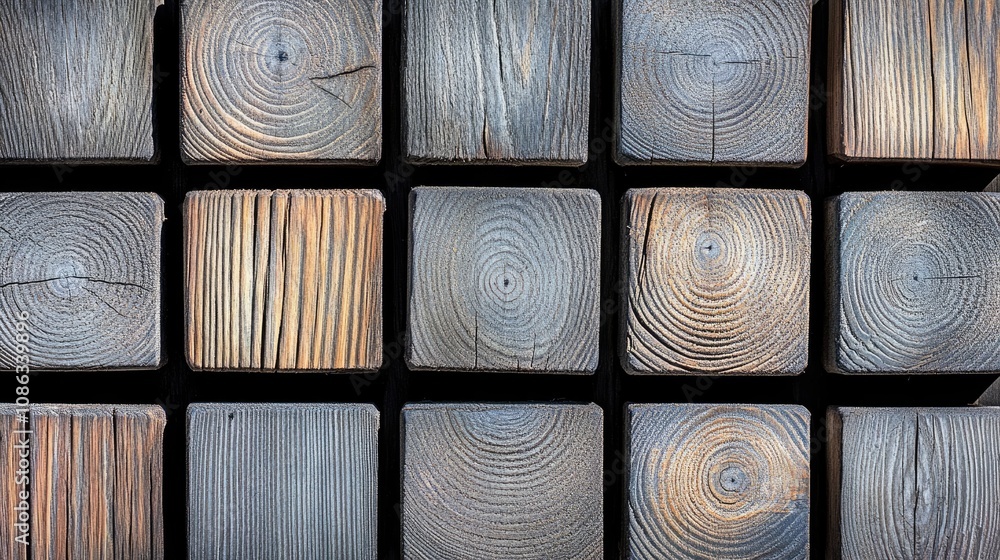Poster Textured Wooden Blocks Arranged in a Grid Pattern with Natural Grain and Color Variations, Showcasing Rustic Charm for Interior and Exterior Design Projects