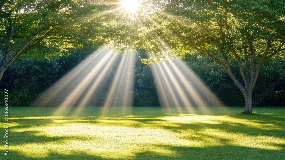 Poster sunlight filters through tree canopy creating beautiful rays of light on green grass in serene natur