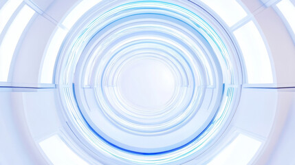 Fototapeta premium 3D futuristic circular stage room sci-fi technology blue white cosmic background. spaceship interior vibe cyberspace wallpaper 