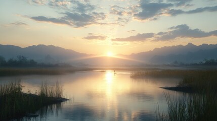 Fototapeta premium Serene Sunrise Over Calm Waters with Lush Grass and Majestic Mountains in the Background Creating a Peaceful Natural Landscape Scene