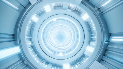 Obraz premium 3D futuristic circular stage room sci-fi technology blue white cosmic background. spaceship interior vibe cyberspace wallpaper 