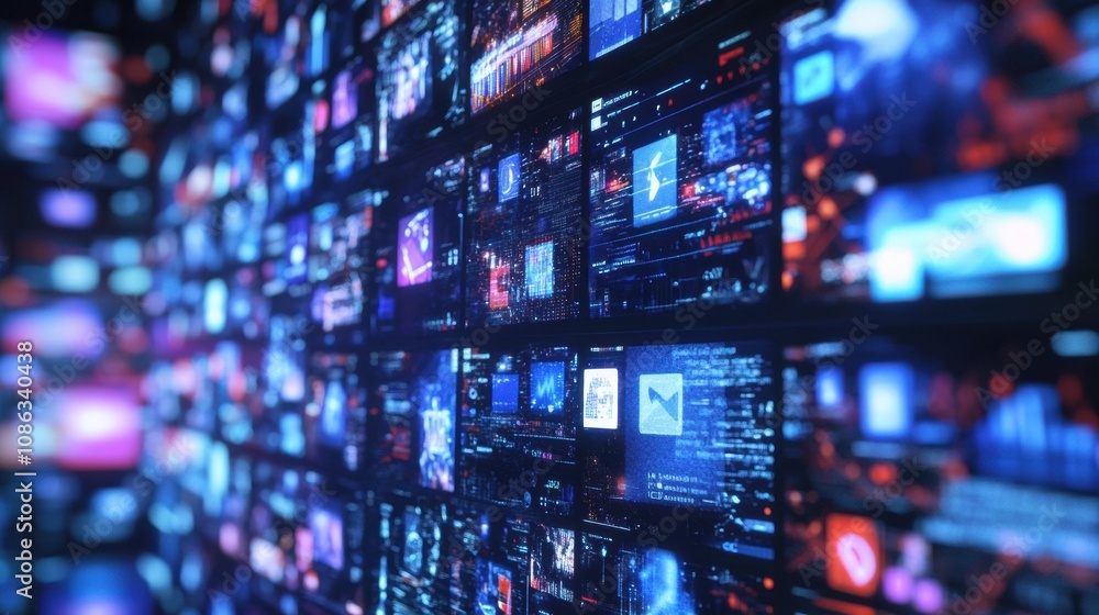 Aufkleber Numerous screens showcase different social media interfaces, creating a dynamic digital environment in a contemporary workspace. Generative AI