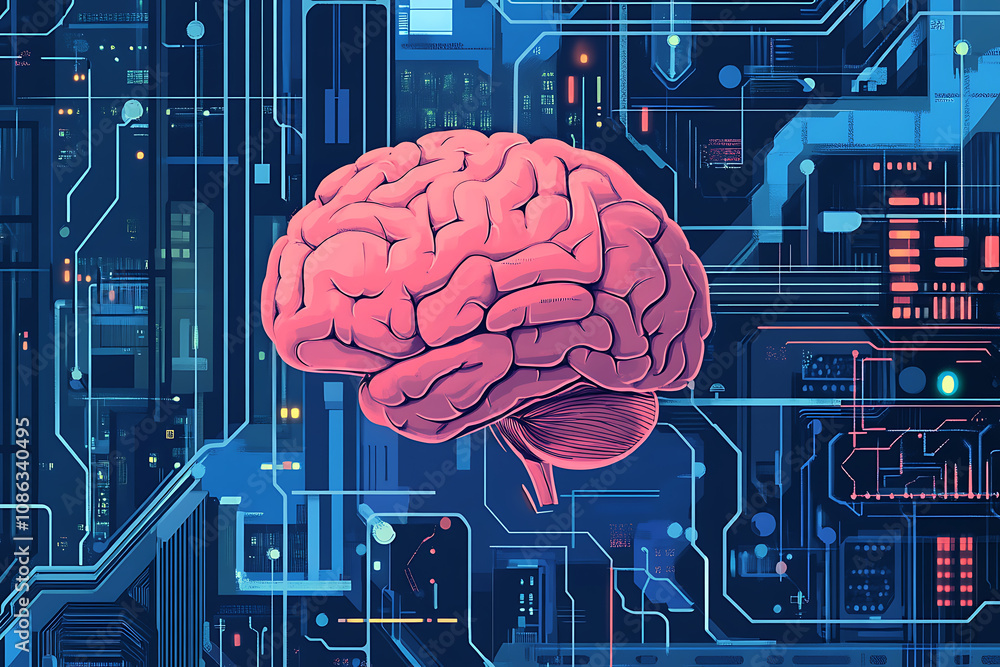 Poster a digital brain superimposed on a circuit board background, symbolizing technology and intelligence.